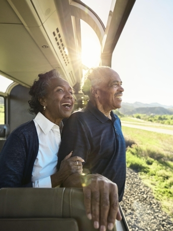 Image of a couple looking outside the window from train